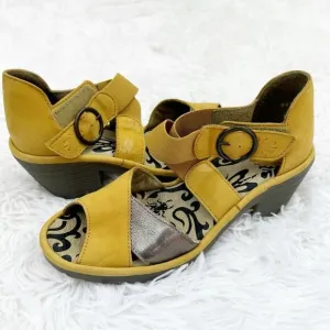 Fly London Criss Cross Metallic Peep Toe Heeled Leather Sandals