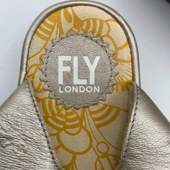Fly London Yaji Concre Elasticated Cross Strap Low Wedge Sandals Champagne Size