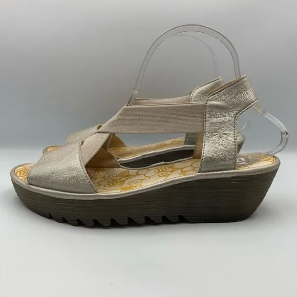 Fly London Yaji Concre Elasticated Cross Strap Low Wedge Sandals Champagne Size