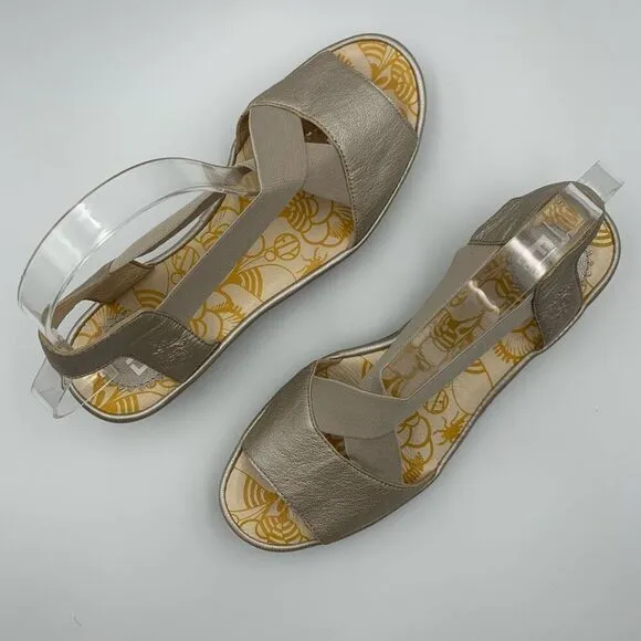 Fly London Yaji Concre Elasticated Cross Strap Low Wedge Sandals Champagne Size
