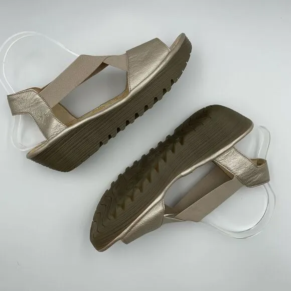 Fly London Yaji Concre Elasticated Cross Strap Low Wedge Sandals Champagne Size