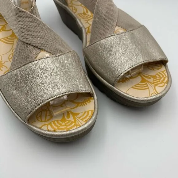 Fly London Yaji Concre Elasticated Cross Strap Low Wedge Sandals Champagne Size
