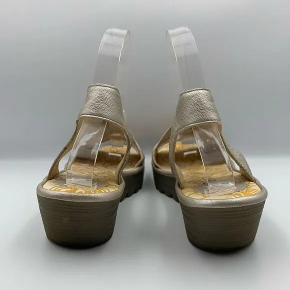 Fly London Yaji Concre Elasticated Cross Strap Low Wedge Sandals Champagne Size