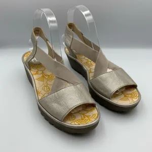 Fly London Yaji Concre Elasticated Cross Strap Low Wedge Sandals Champagne Size
