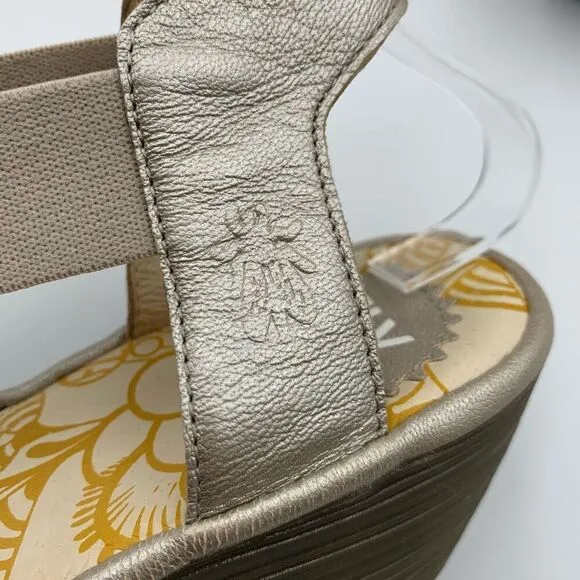 Fly London Yaji Concre Elasticated Cross Strap Low Wedge Sandals Champagne Size