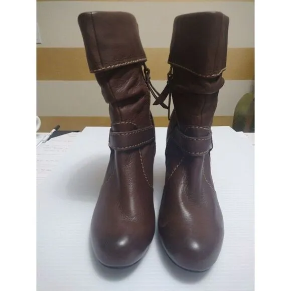 Fossil‎ Boots Womens 8 Slouch  Brown Leather Harness Folder Over Mid Calf Zip