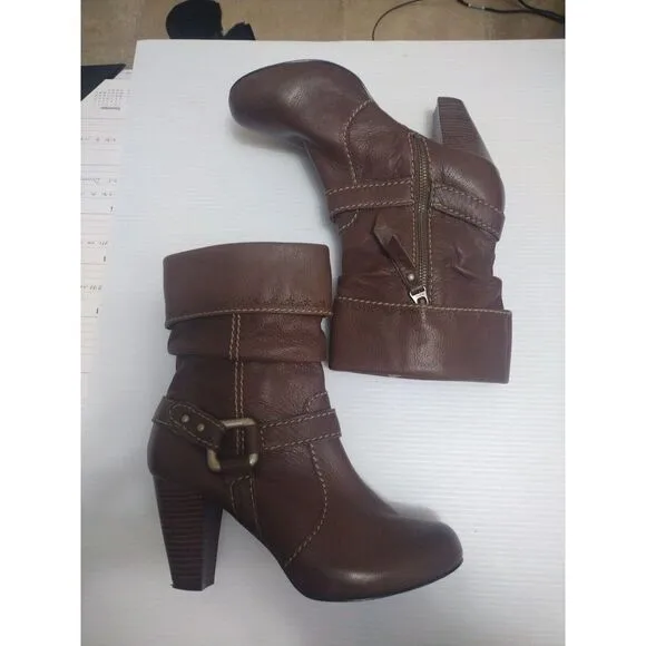 Fossil‎ Boots Womens 8 Slouch  Brown Leather Harness Folder Over Mid Calf Zip