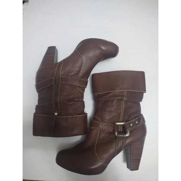 Fossil‎ Boots Womens 8 Slouch  Brown Leather Harness Folder Over Mid Calf Zip
