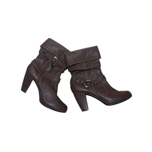 Fossil‎ Boots Womens 8 Slouch  Brown Leather Harness Folder Over Mid Calf Zip