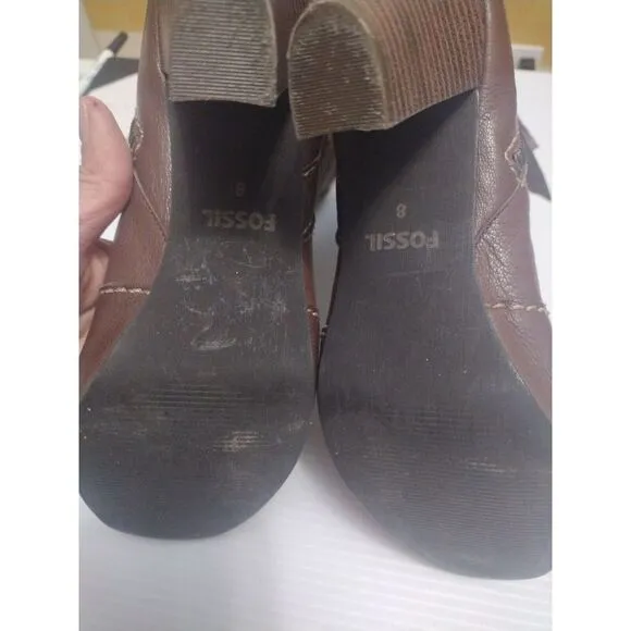 Fossil‎ Boots Womens 8 Slouch  Brown Leather Harness Folder Over Mid Calf Zip