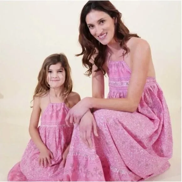 Fox in Gown Bella Cotton Halter Tiered Maxi Dress Pink Gold XS