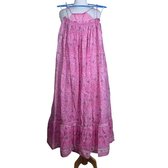 Fox in Gown Bella Cotton Halter Tiered Maxi Dress Pink Gold XS