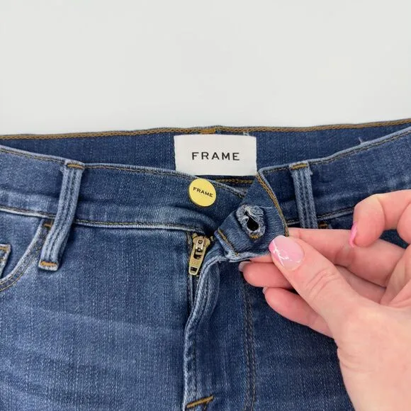 FRAME Le Cutoff 25 Blue Raw Hem Denim Shorts Mid Rise Distressed Y2K Casual