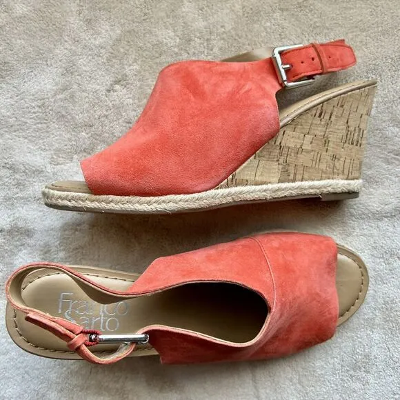 Franco Sarto Julien Coral Suede Cork Wedge Heel Open Toe Slingback Sandals 7 M