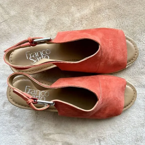 Franco Sarto Julien Coral Suede Cork Wedge Heel Open Toe Slingback Sandals 7 M