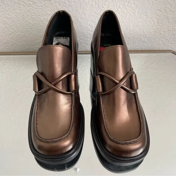 FRANCO SARTO Metallic Copper Brown Leather Chunky Block Heel Penny Loafers