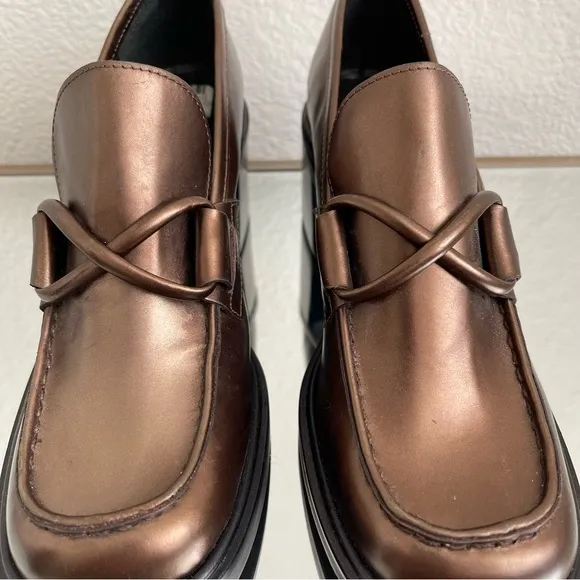 FRANCO SARTO Metallic Copper Brown Leather Chunky Block Heel Penny Loafers