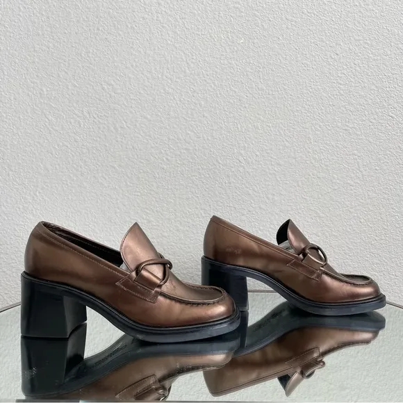 FRANCO SARTO Metallic Copper Brown Leather Chunky Block Heel Penny Loafers