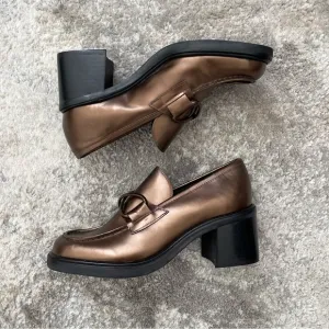 FRANCO SARTO Metallic Copper Brown Leather Chunky Block Heel Penny Loafers