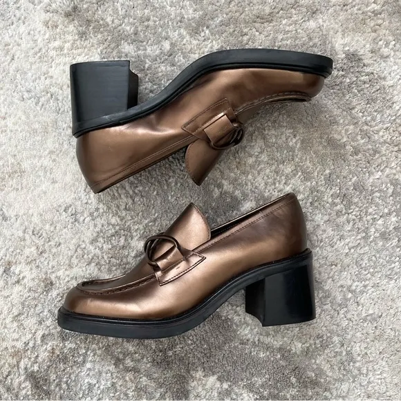 FRANCO SARTO Metallic Copper Brown Leather Chunky Block Heel Penny Loafers
