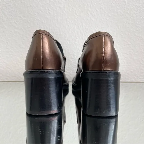 FRANCO SARTO Metallic Copper Brown Leather Chunky Block Heel Penny Loafers