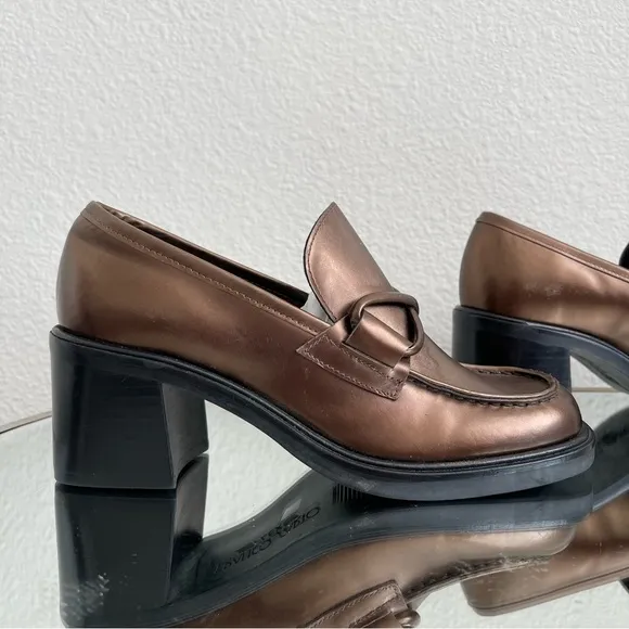 FRANCO SARTO Metallic Copper Brown Leather Chunky Block Heel Penny Loafers