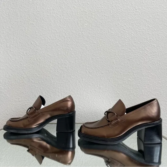 FRANCO SARTO Metallic Copper Brown Leather Chunky Block Heel Penny Loafers