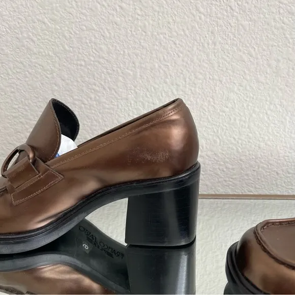 FRANCO SARTO Metallic Copper Brown Leather Chunky Block Heel Penny Loafers