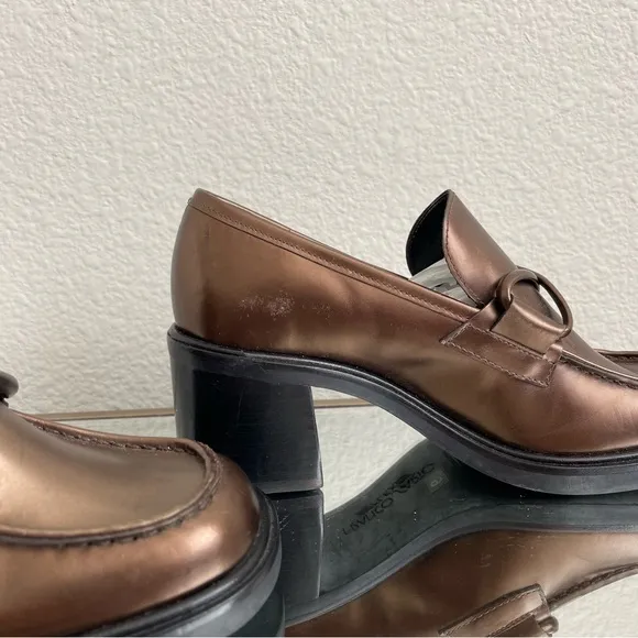 FRANCO SARTO Metallic Copper Brown Leather Chunky Block Heel Penny Loafers