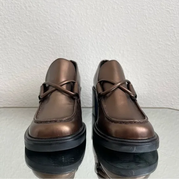 FRANCO SARTO Metallic Copper Brown Leather Chunky Block Heel Penny Loafers