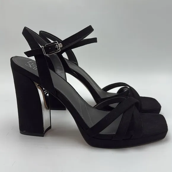 Franco Sarto Sandals Black Ankle Strap Sparkly Open Toe Block Heel 9 glitter