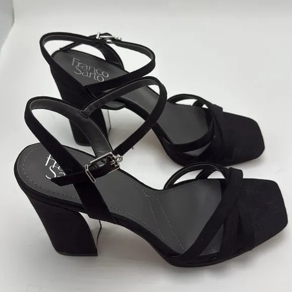 Franco Sarto Sandals Black Ankle Strap Sparkly Open Toe Block Heel 9 glitter