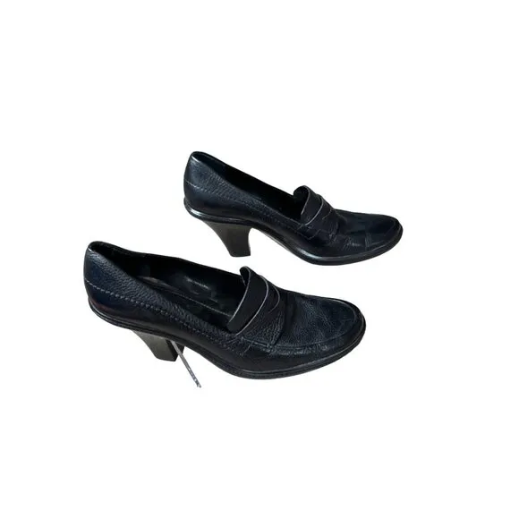 FRANCO SARTO WOMEN'S BLACK PEBBLED LEATHER CHUNKY PENNY LOAFER HEELS SZ 9.5 NWOT