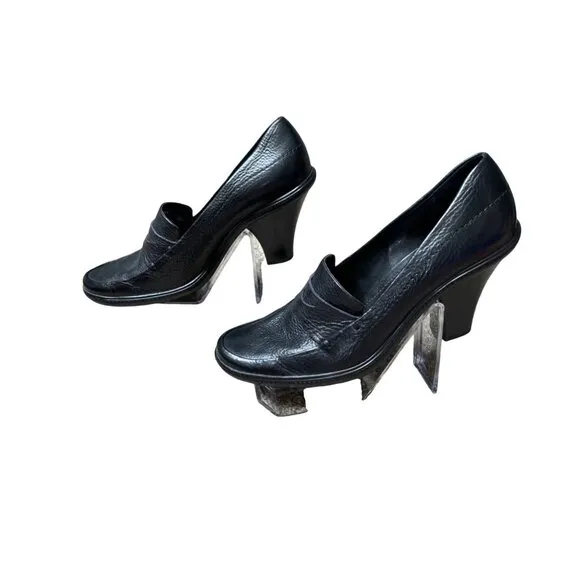 FRANCO SARTO WOMEN'S BLACK PEBBLED LEATHER CHUNKY PENNY LOAFER HEELS SZ 9.5 NWOT