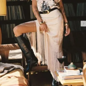 Frankie Cream Satin Jacquard Fringe Midi Skirt