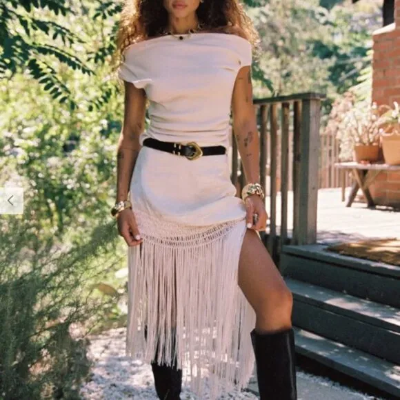Frankie Cream Satin Jacquard Fringe Midi Skirt