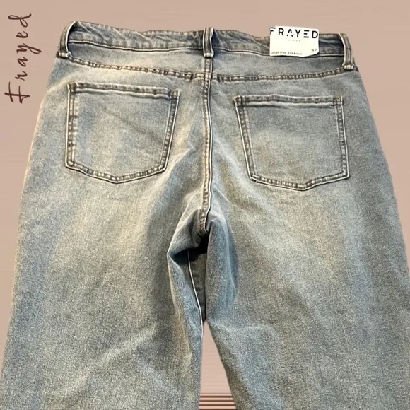 FRAYED High-Rise Straight Ankle-Length Raw Hem Jeans
