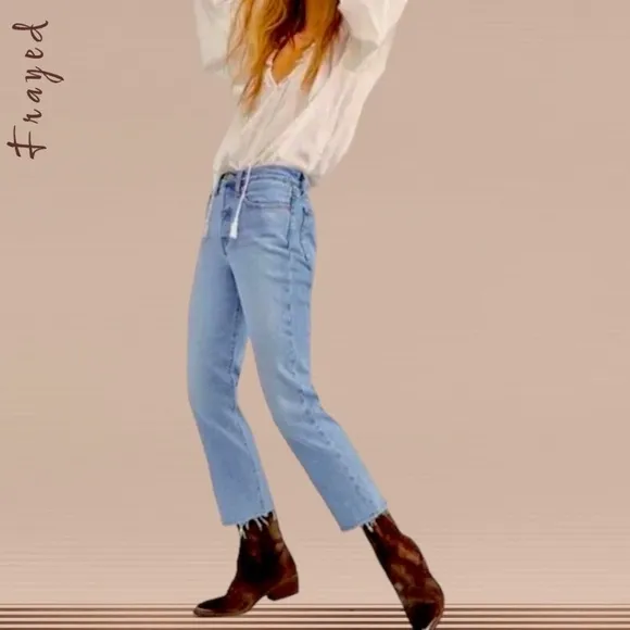 FRAYED High-Rise Straight Ankle-Length Raw Hem Jeans