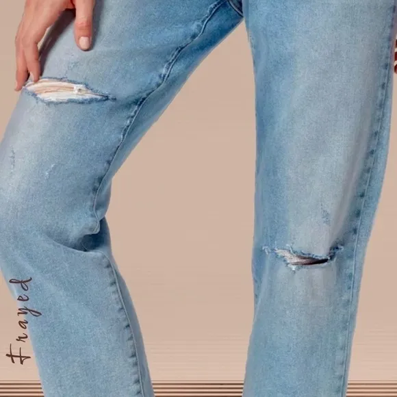 FRAYED High-Rise Straight Ankle-Length Raw Hem Jeans