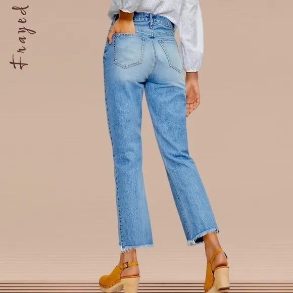 FRAYED High-Rise Straight Ankle-Length Raw Hem Jeans