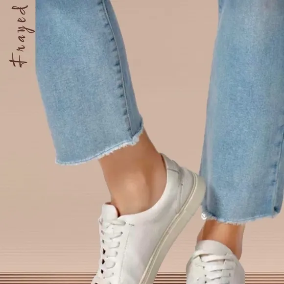FRAYED High-Rise Straight Ankle-Length Raw Hem Jeans