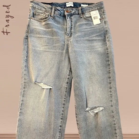FRAYED High-Rise Straight Ankle-Length Raw Hem Jeans