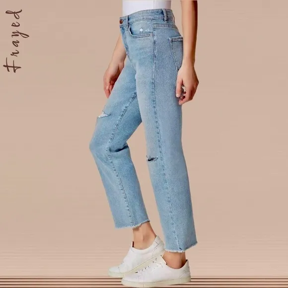 FRAYED High-Rise Straight Ankle-Length Raw Hem Jeans