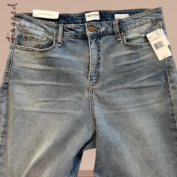 FRAYED High-Rise Straight Ankle-Length Raw Hem Jeans