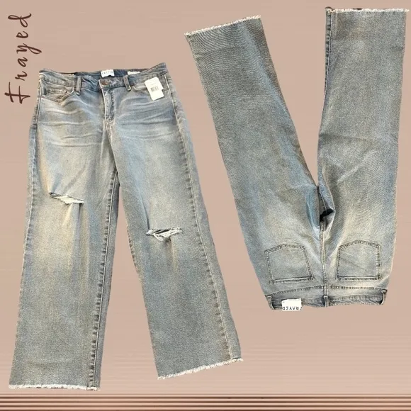 FRAYED High-Rise Straight Ankle-Length Raw Hem Jeans