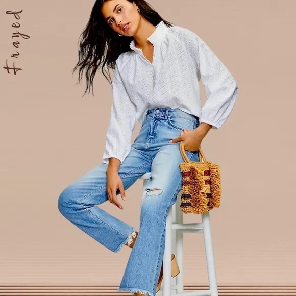 FRAYED High-Rise Straight Ankle-Length Raw Hem Jeans