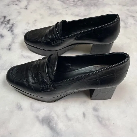 Freda Salvador Florence Black Croc Embossed Leather Platform Loafers