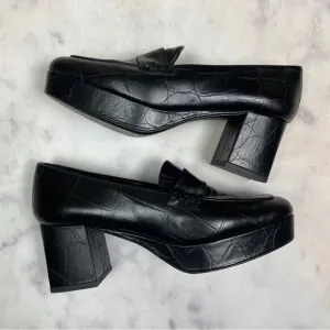 Freda Salvador Florence Black Croc Embossed Leather Platform Loafers