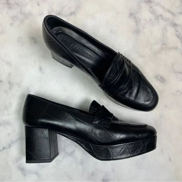 Freda Salvador Florence Black Croc Embossed Leather Platform Loafers
