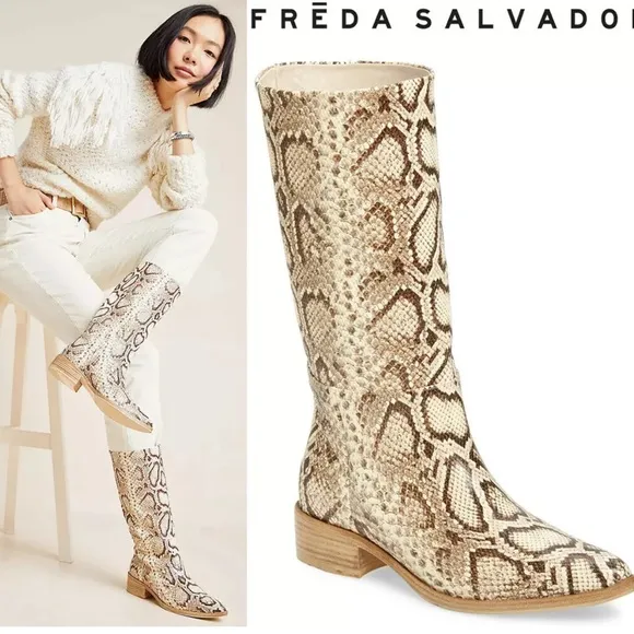 Freda Salvador Handcrafted Julia Snake Embossed Mid Shaft Boots Calfskin Leather